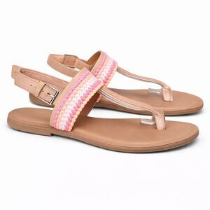 TOMS HONEY BREE TAN LEATHER T- BAR STRAP CASUAL BOHO SLING BACK SANDALS SIZE 9